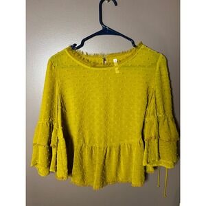 Xhilaration Mustard Yellow Swiss Dot Peplum Blouse Tiered Bell Sleeve Medium